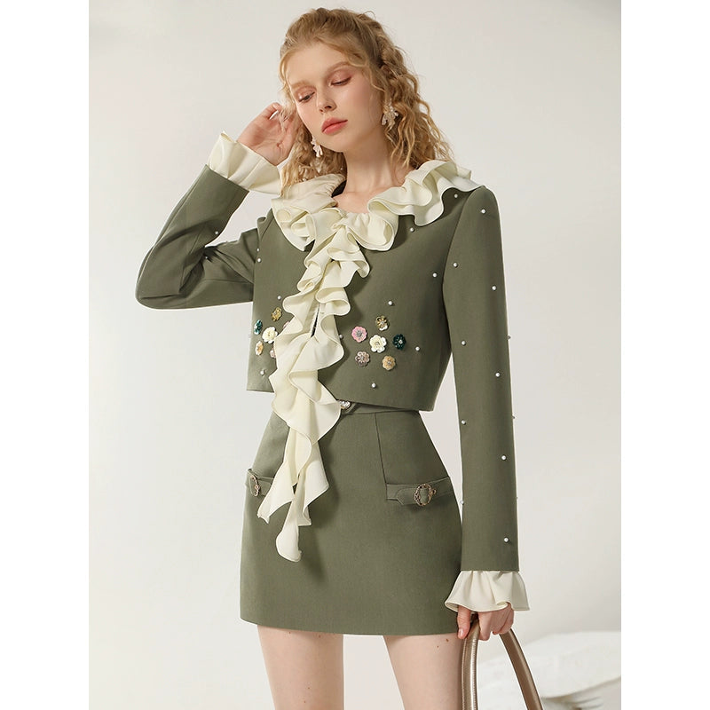 CHECOCRE Elegant Romantic Casual Ruffle Design Olive Green Mini Skirt Suit Set  - DANIEL