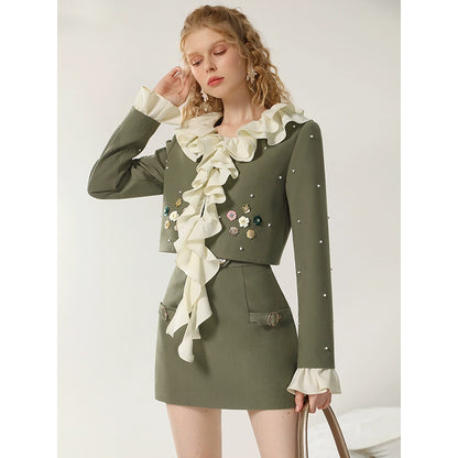 CHECOCRE Elegant Romantic Casual Ruffle Design Olive Green Mini Skirt Suit Set  - DANIEL