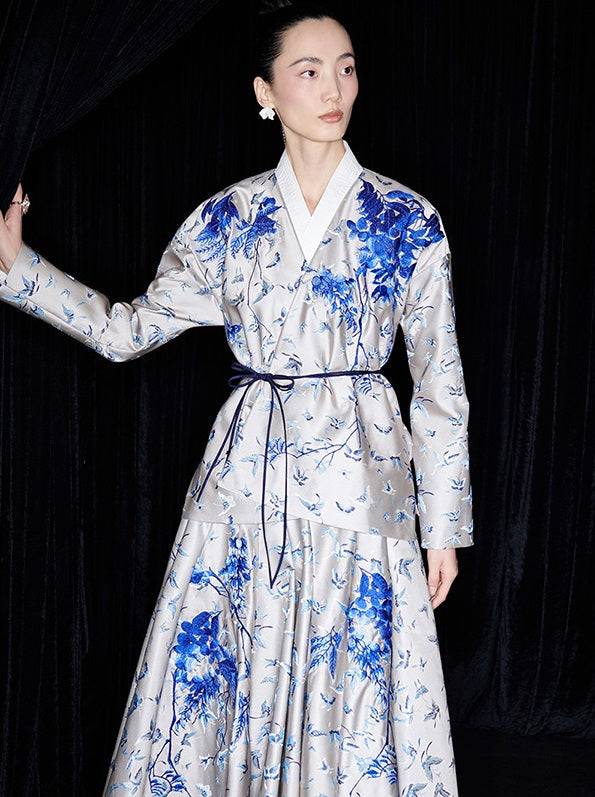 M essential Mackay designer butterfly dance jacquard blue vine and butterfly coat - WEST.