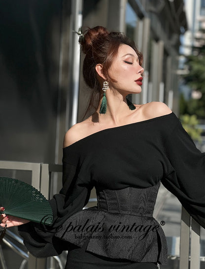 Le Palais Light Luxury Black Slim Knitted Long Skirt + Hourglass Fishbone Waist Seal-BAMBAM