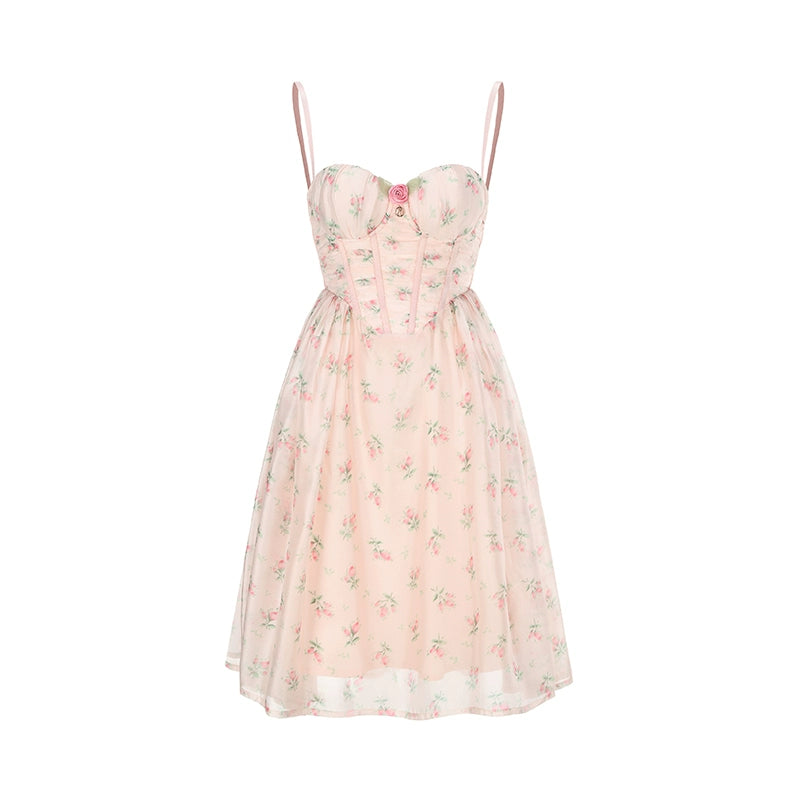 Le Palais Vintage Small Floral Corset-style Herringbone Dress Swing Skirt-HER Dress / L