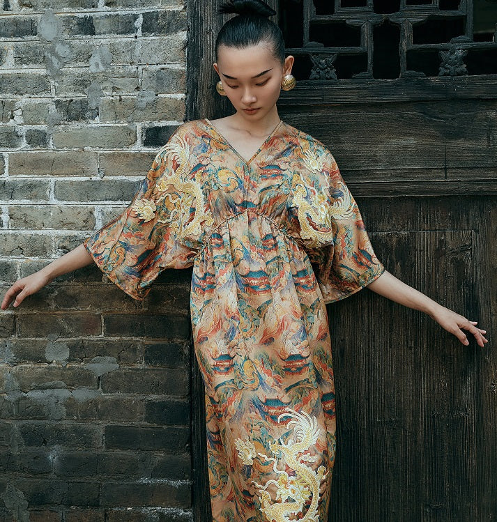 HECO Chinese Waist Cinched V-Neck Dress - QIN