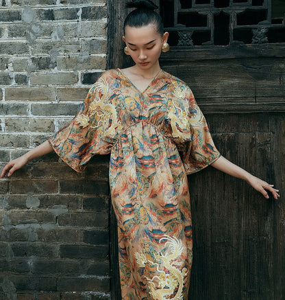 HECO Chinese Waist Cinched V-Neck Dress - QIN