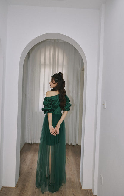 DOLLY Elegant Dark Green Retro Style Slant Collar Short Puff Sleeve Short Banquet Dress-CHITAH