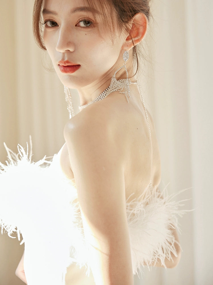 DOLLY Luxury White French Style Sleeveless Feather Tube Top Long Party Dress-HEIDI