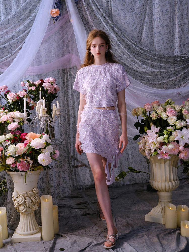 Wardrobes by Chen Elegant Short Sleeve Diamond Feather Top/Short Skirt- Milo