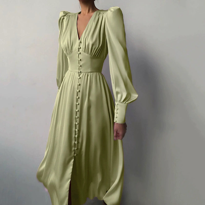 DOLLY Elegant V-Neck Long Lantern Sleeve Long Button Church Dress-NANA