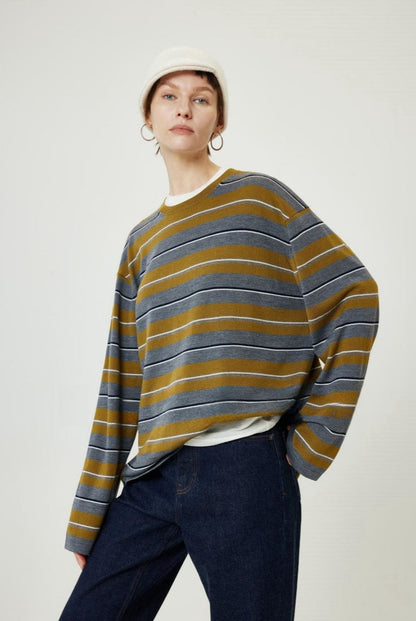 PIAOIN stripe design neutral loose long sleeve T-shirt silk wool knitwear spring-CIX