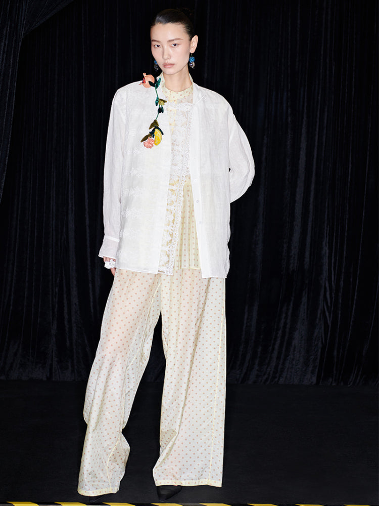 M essential Mackay designer polka dot silk cotton elasticated wide-leg trousers - YVONE.