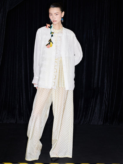 M essential Mackay designer polka dot silk cotton elasticated wide-leg trousers - YVONE.