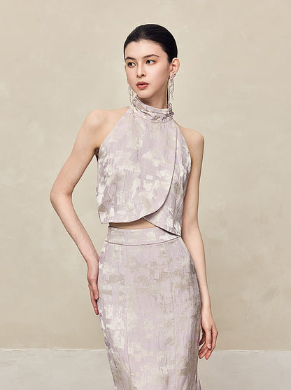 HECO Jacquard Cross Slit Pile Collar Red White Purple Crop Top Women - WORSHIP.