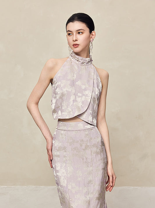 HECO Jacquard Cross Slit Pile Collar Red White Purple Crop Top Women - WORSHIP.