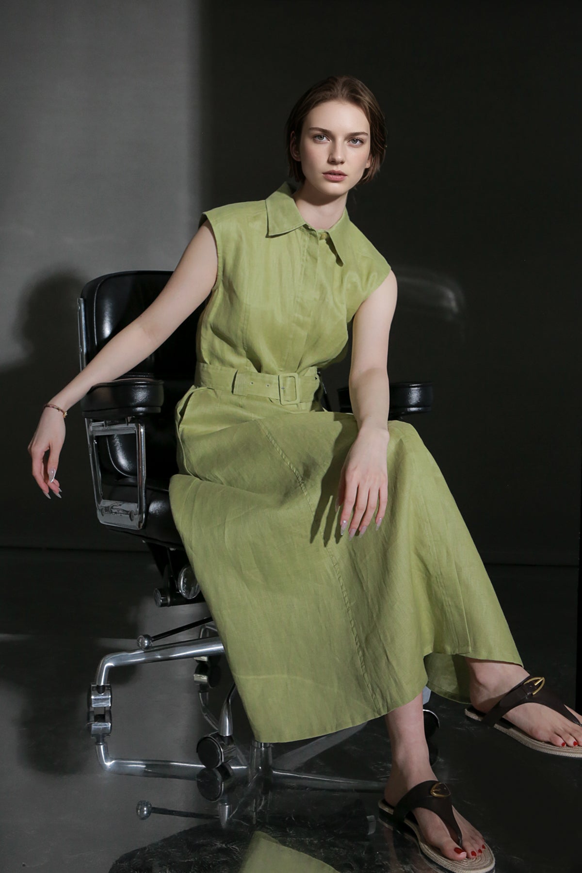 PIAOIN minimalist 100% linen sleeveless belted midi green pastel blue shirt dress -EVELYN.