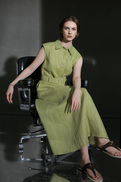 PIAOIN minimalist 100% linen sleeveless belted midi green pastel blue shirt dress -EVELYN.