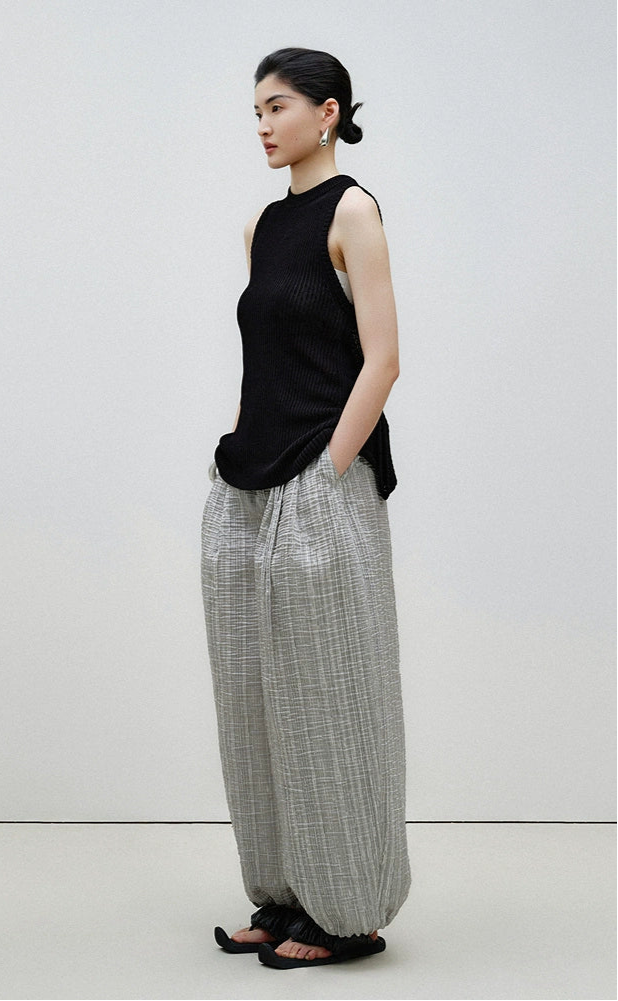 ZHUCHONGYUN Summer Silver Striped Pleated Airy Bloomer Pants--CELTY