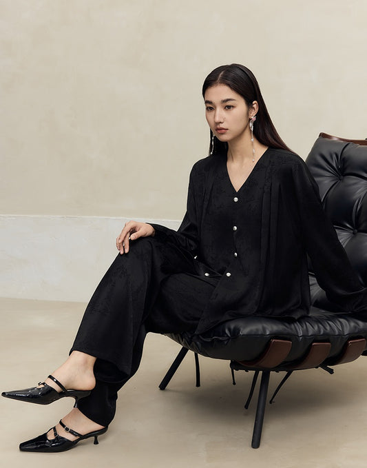 HECO Shan Ting Acetate Jacquard Suit Loose black yellow Top Pants Women - favour.