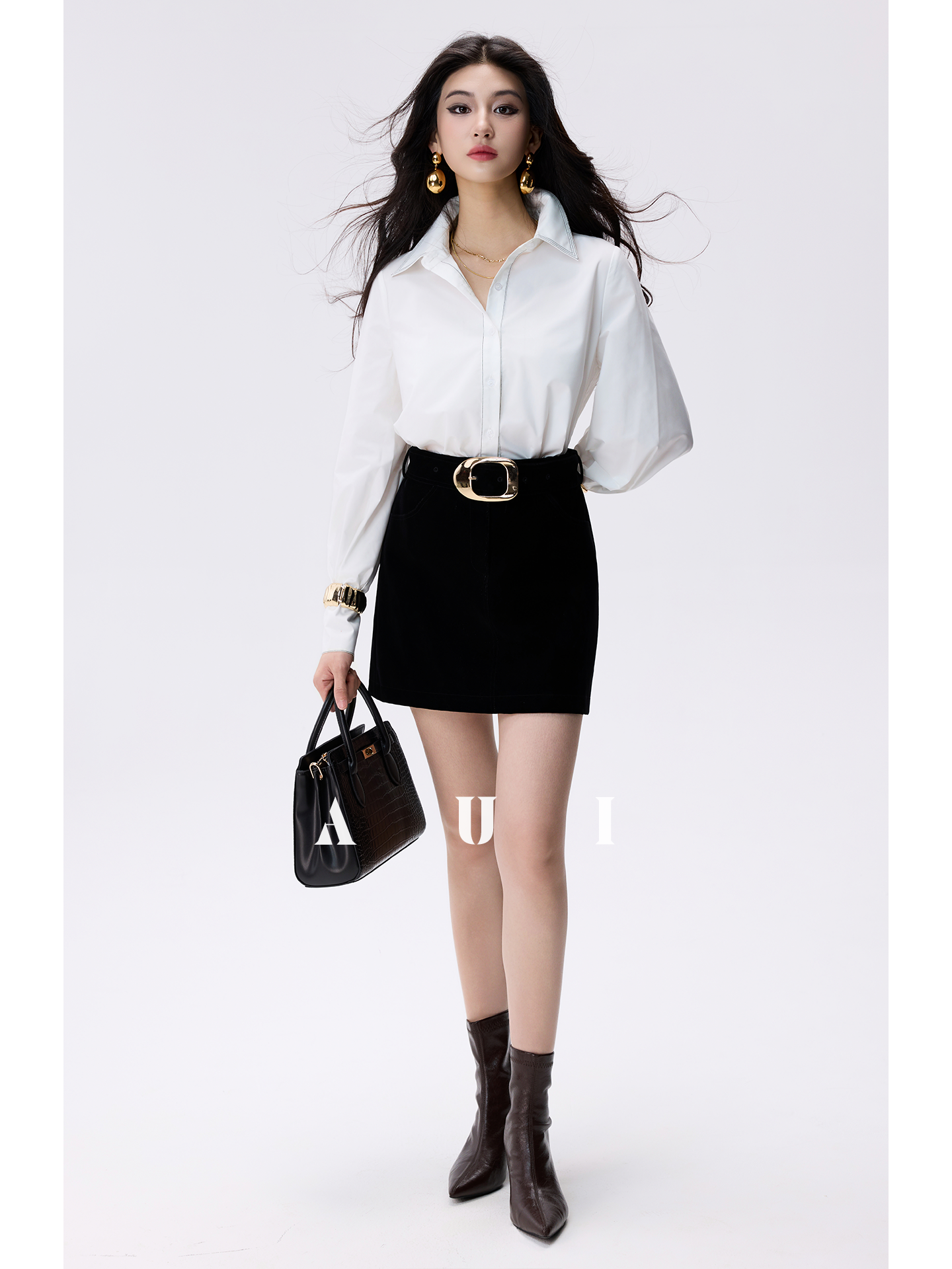 AUI white polo collar long sleeve commuter interview shirt  - GIGI.