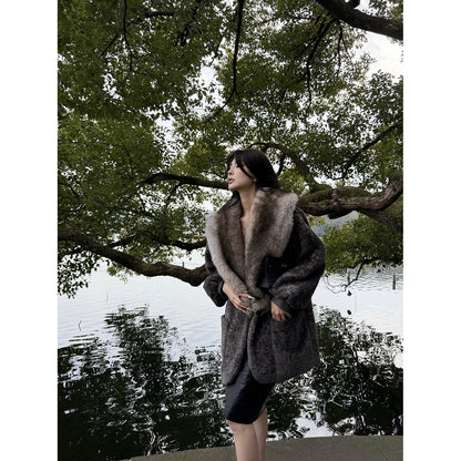 MEI SANGUAN gray fur collar cocoon-type mid-length jacket - SOFIA