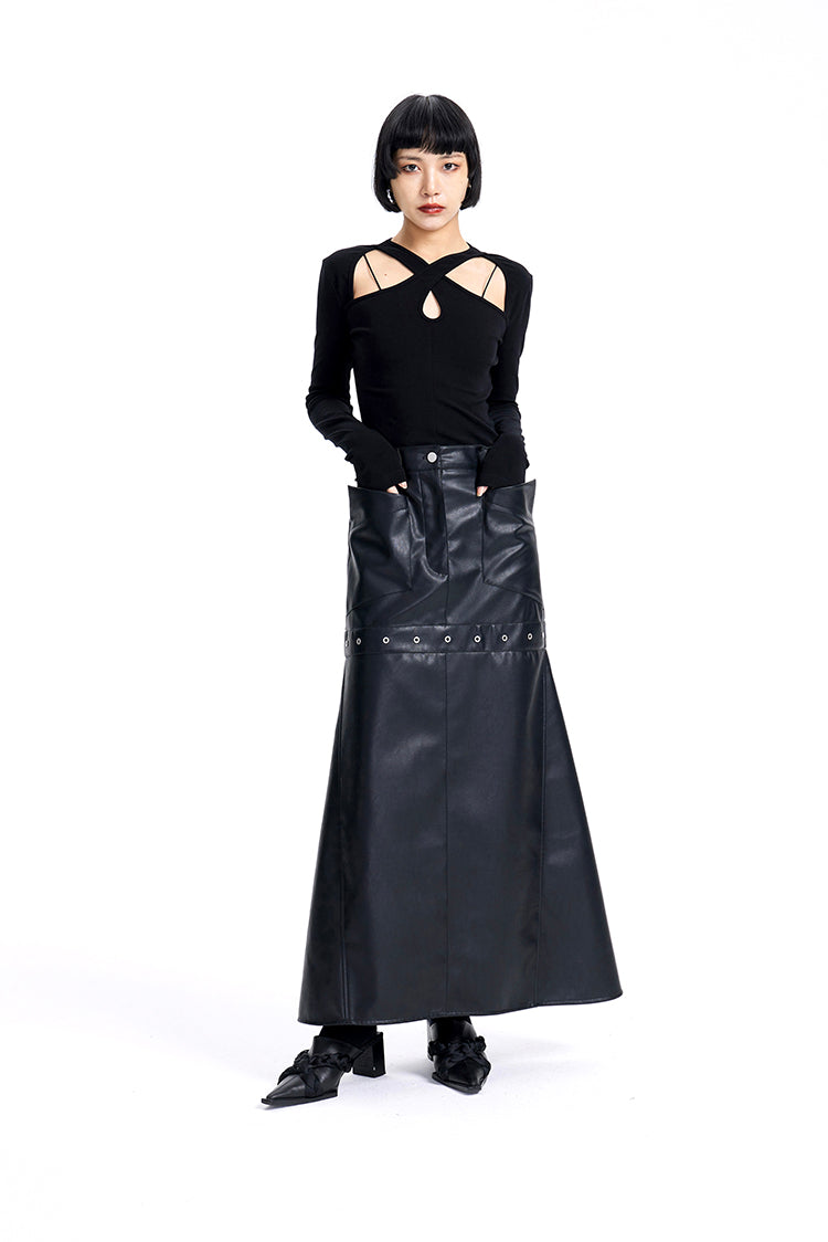 TINY IN High Waist Leather Panelled Fishtail Black Skirt-RIHA