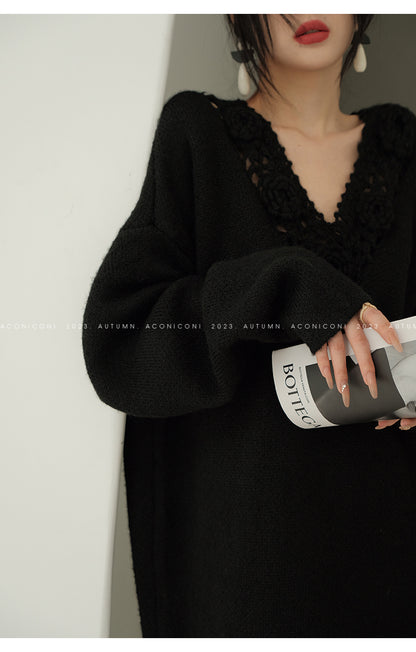 Aconiconi|Purple Flower Crochet openwork long cropped loose wool knit sweater  dress - Twilight