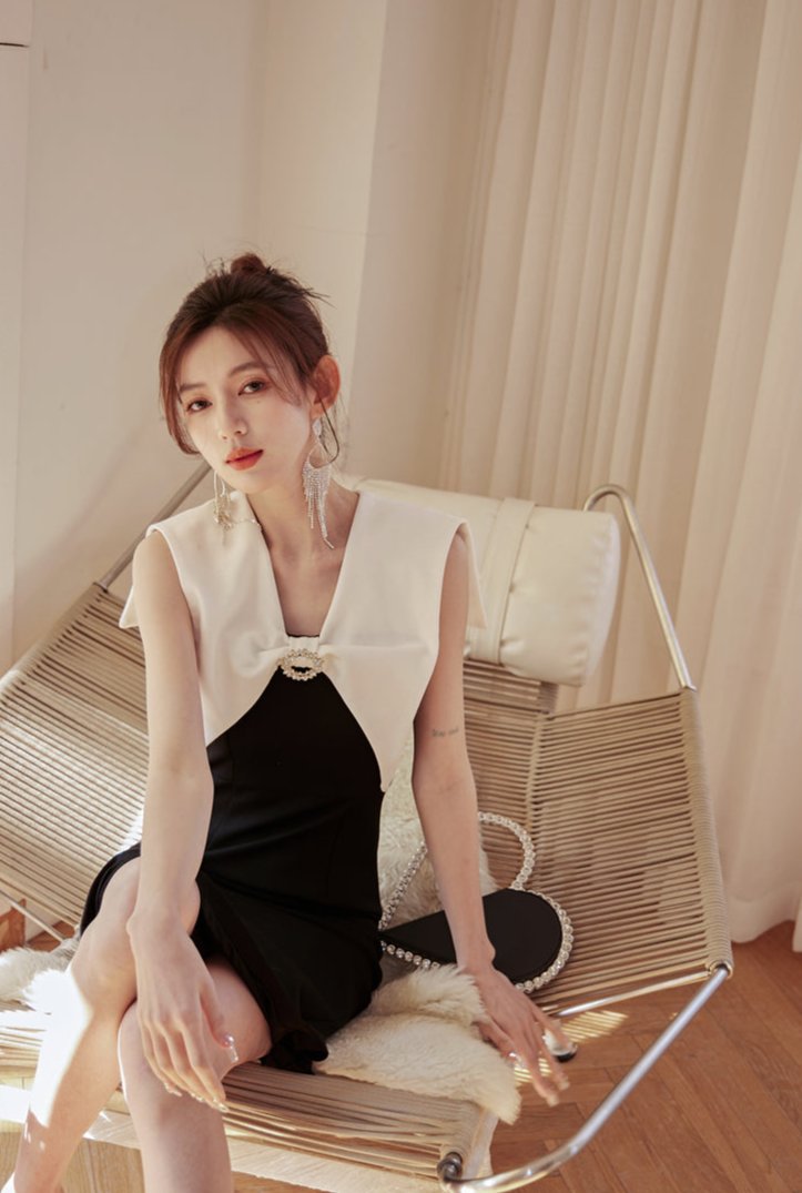 DOLLY Luxury Black Retro French Style Color Contrast Sleeveless Slim Fit Short Dress-ORLA