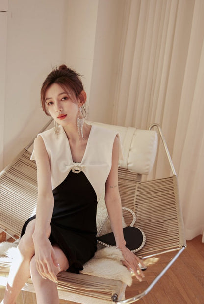 DOLLY Luxury Black Retro French Style Color Contrast Sleeveless Slim Fit Short Dress-ORLA