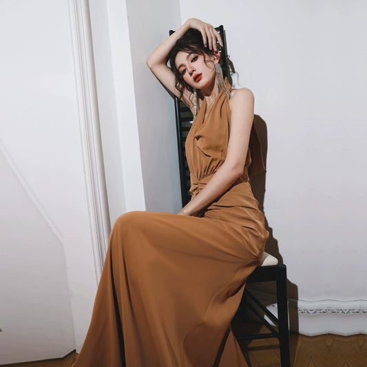 DOLLY Elegant Caramel Brown French Style Sleeveless Halter Collar Long Dinner Dress-PRIME (V)