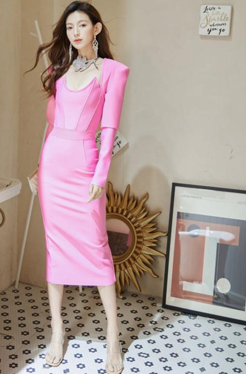 DOLLY Luxury Retro Style Square Collar Long Sleeve Slim Fit Dinner Dress-CAHTIE