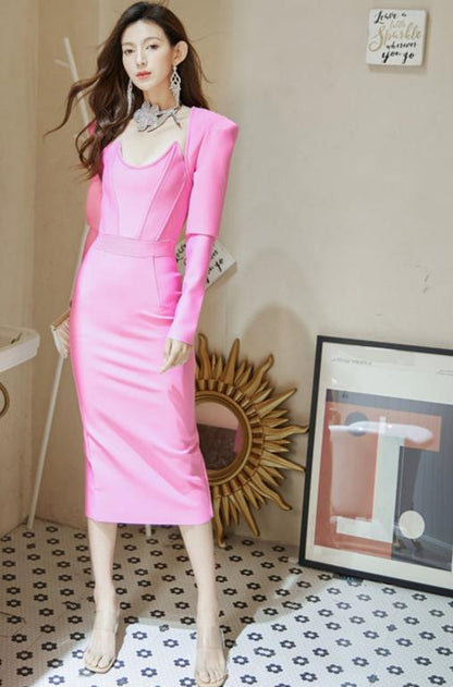 DOLLY Luxury Retro Style Square Collar Long Sleeve Slim Fit Dinner Dress-CAHTIE