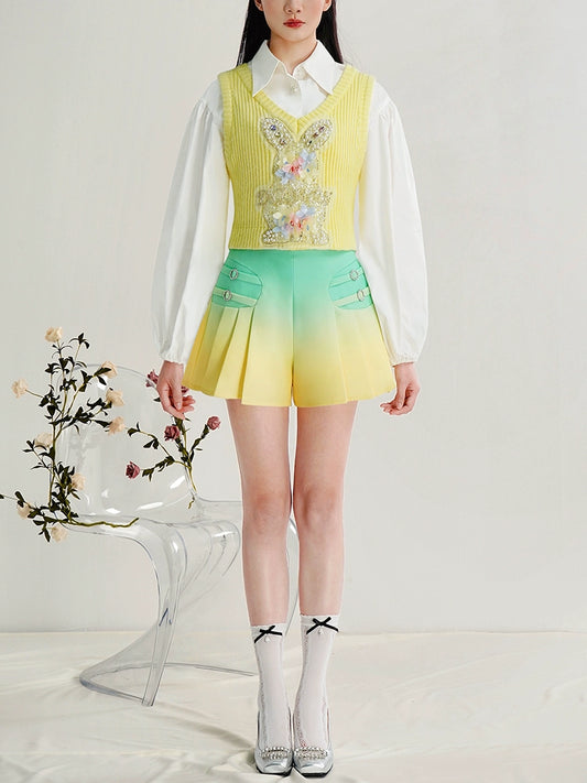 CHECOCRE Balloon Sleeve Shirt With Diamond Vest Gradient Shorts Suit - DESPERADO