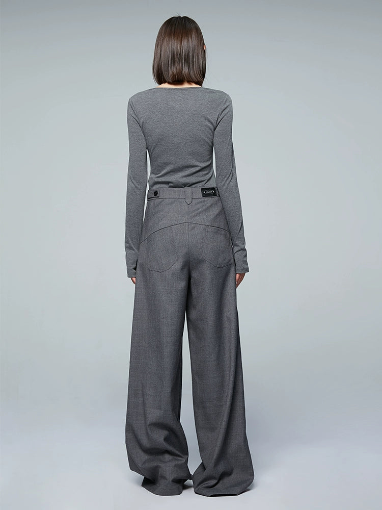 ANNAKIKI Gray Worsted Wool Wide-leg Pants Casual Pants-DEMI