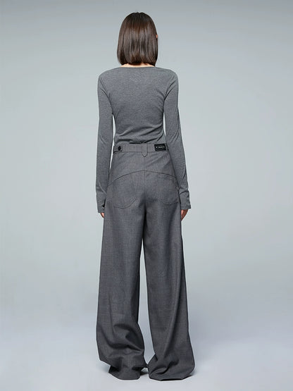 ANNAKIKI Gray Worsted Wool Wide-leg Pants Casual Pants-DEMI