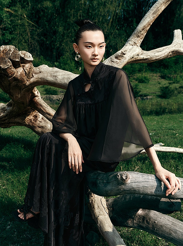 HECO [Feng Wu Clear Sleeves] New Chinese Standing Collar Buckle Flowing Dress- CLOAK.