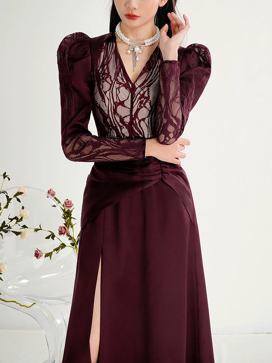 CHECOCRE Elegant Temperament Sexy V-neck Light Long Dark Red Dress - PERRING