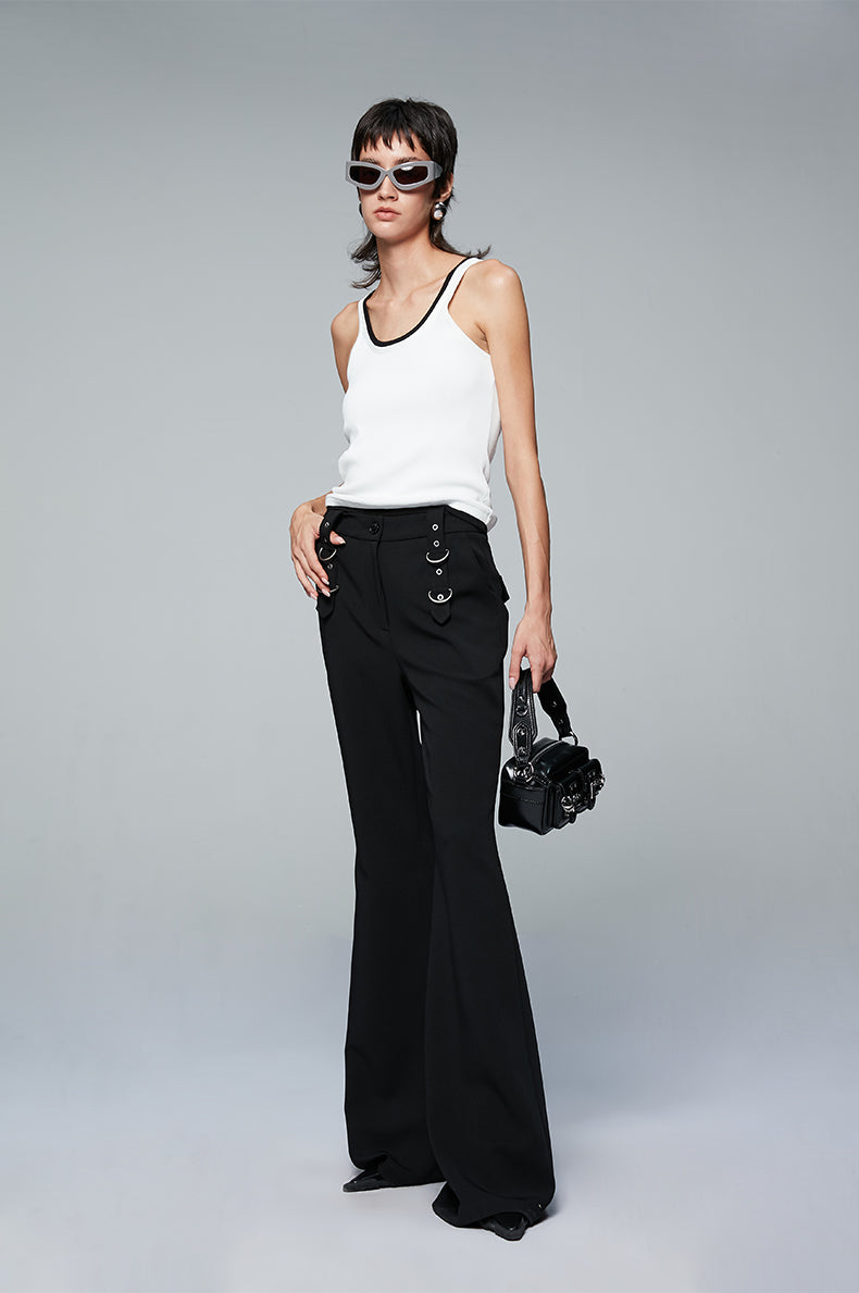 ANNAKIKI Designer Black Buckle Slim Fit Wide-Leg Casual Boot Pants-SAKATA