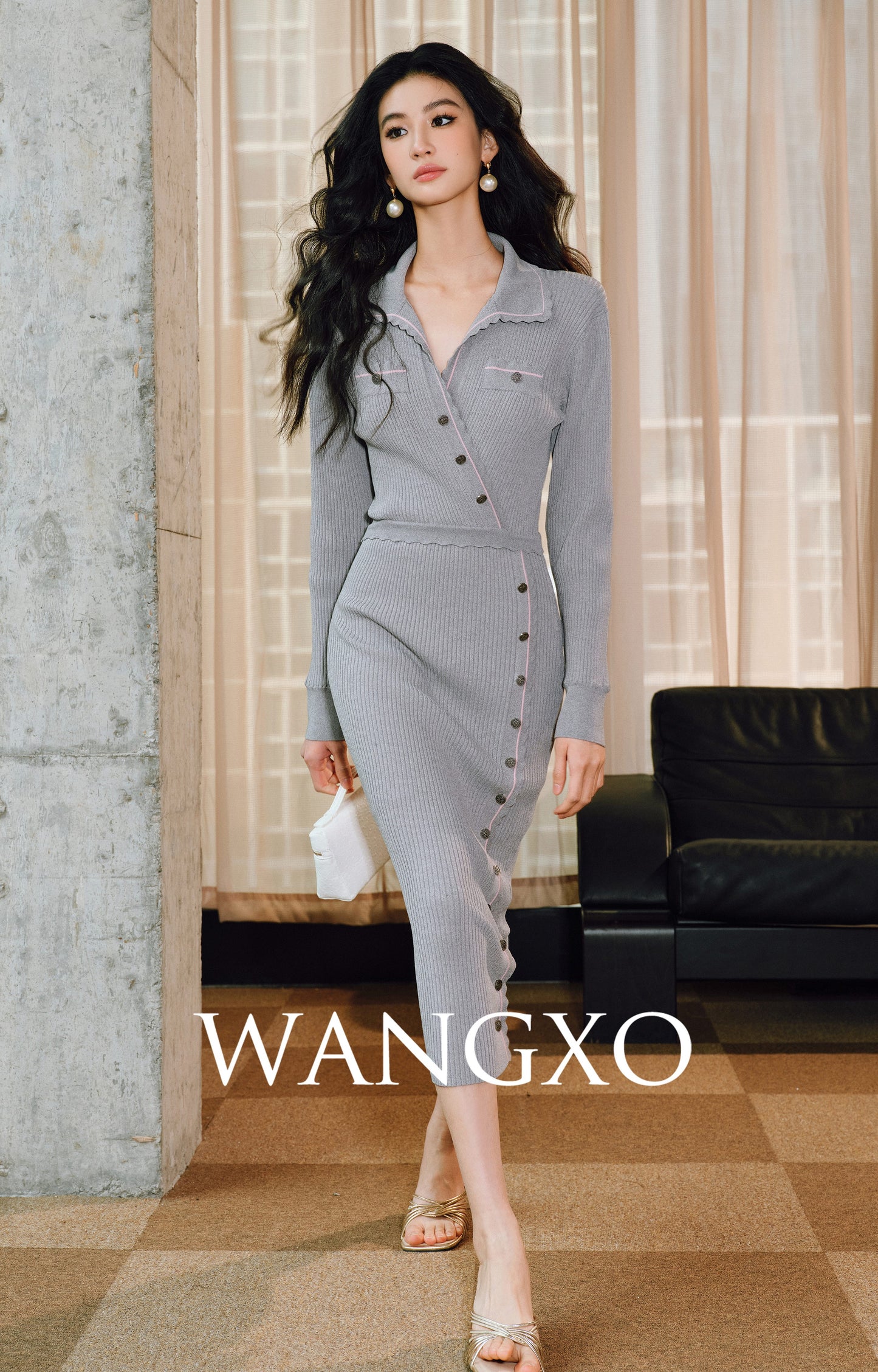 WANGXO | Custom Needle Matte Linen Stripes Slim Knitted Dress -SÉLI.