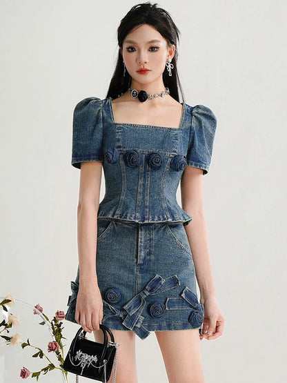 CHECOCRE Stubble Sweet Cool Girly Suit Hakama Denim Skirt Set- INDEFIN