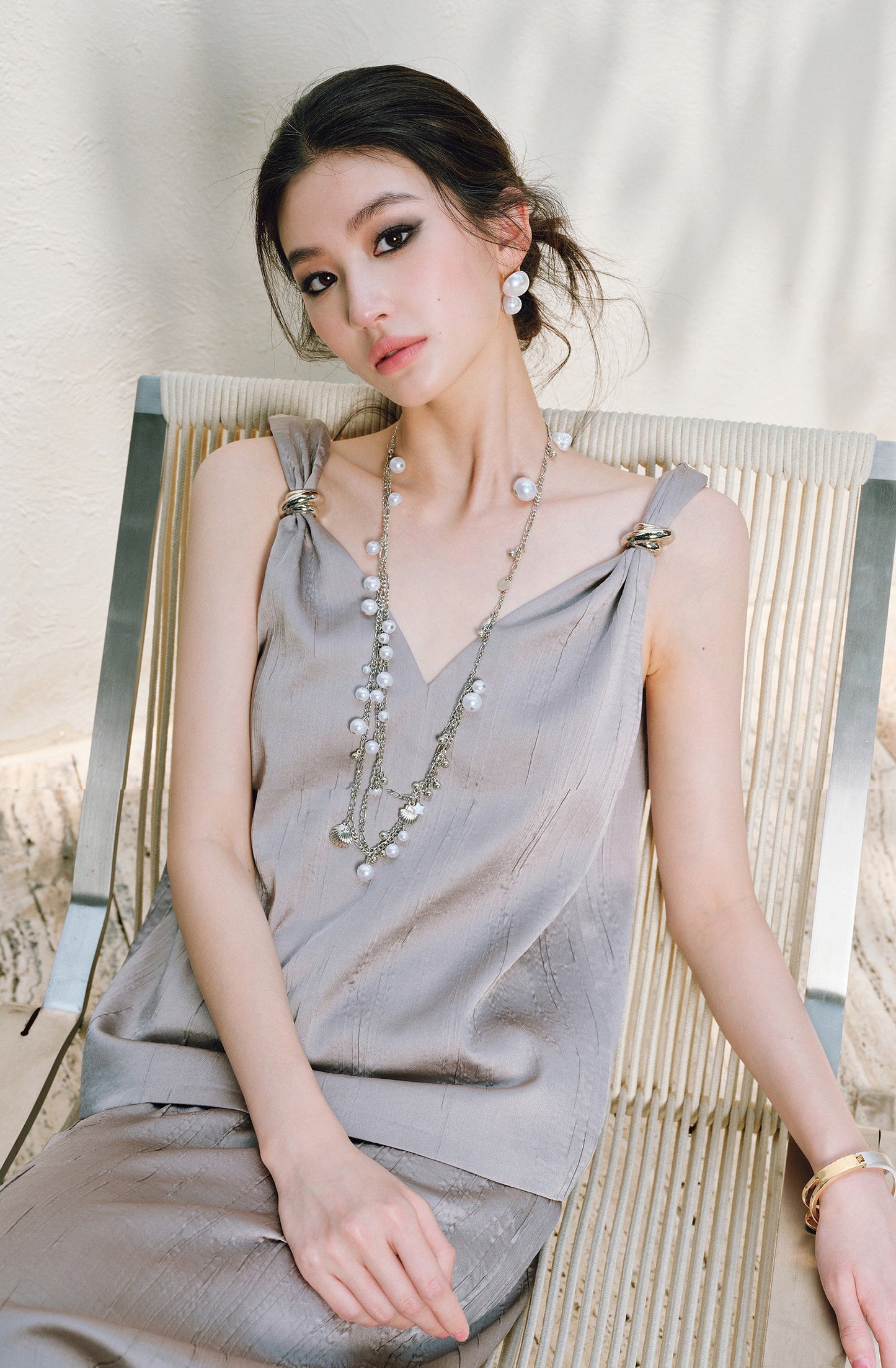 WANGXO | Lazy Precious Metal Shoulder Loop Loose Top & Straight Skirt Set with Sculpted Grace- VERA