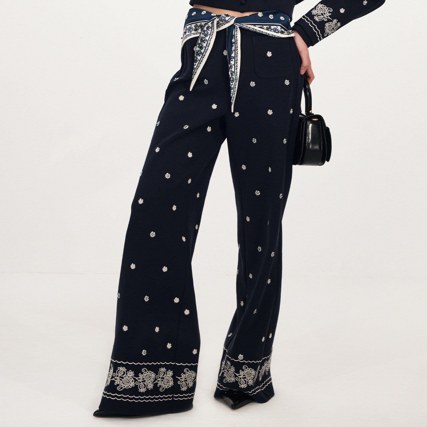 FAME Beaded Print Silk Scarf Embroidered Pants - VEDA