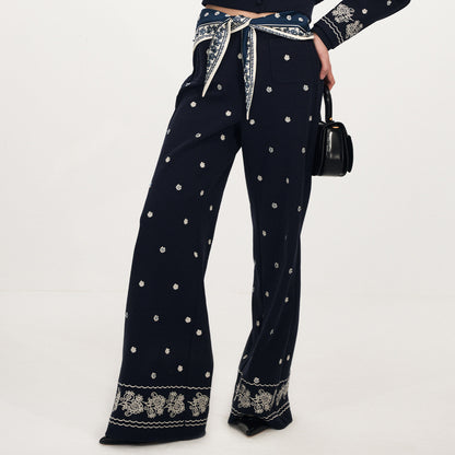 FAME Beaded Print Silk Scarf Embroidered Pants - VEDA