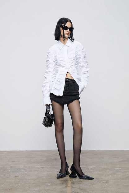 ANNAKIKI white deconstructed split pleated long sleeve shirt for women-SATURN