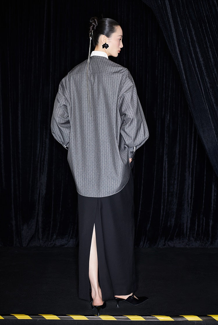 M essential Mackay designer sand diamond grey stripe diamond buckle silhouette shirt - ESHE .