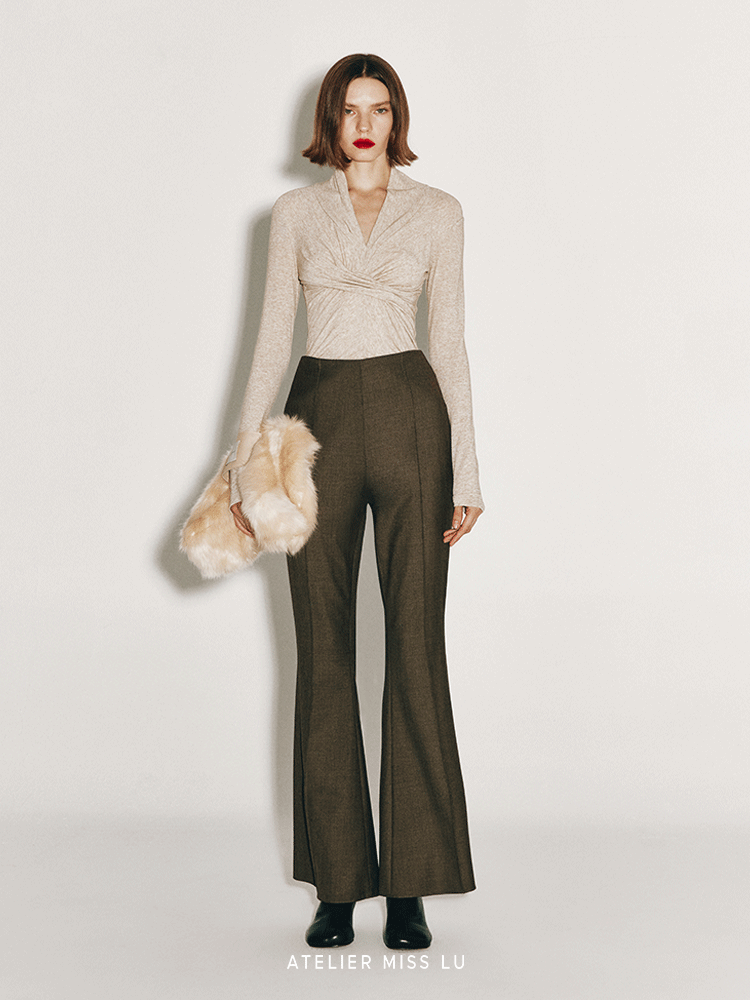 ATELIER MISS LU Retro Modern Long-legged Sheep Wool Flared Pants - HEATHER