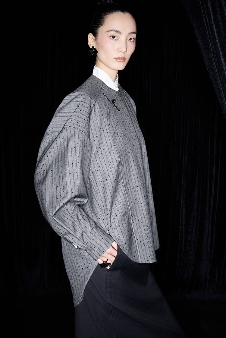 M essential Mackay designer sand diamond grey stripe diamond buckle silhouette shirt - ESHE .