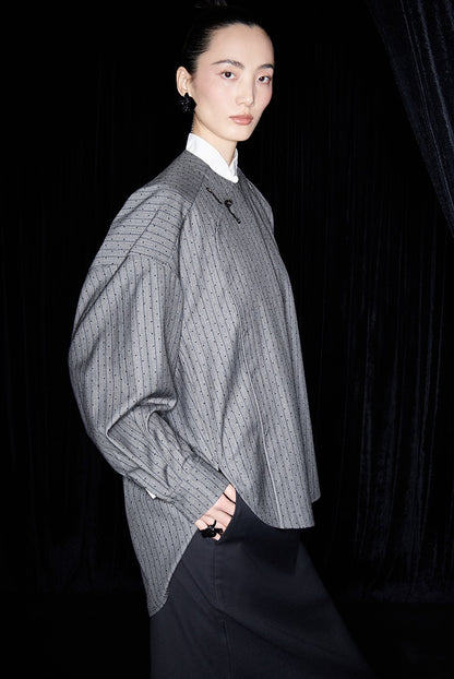 M essential Mackay designer sand diamond grey stripe diamond buckle silhouette shirt - ESHE .