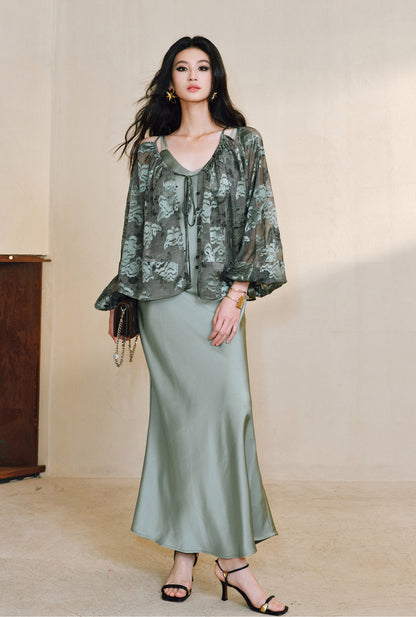 WANGXO Devoré Lace Light and Shadow Heavy Industry Bias French Cardigan & Satin Sundress Set - ESMEE