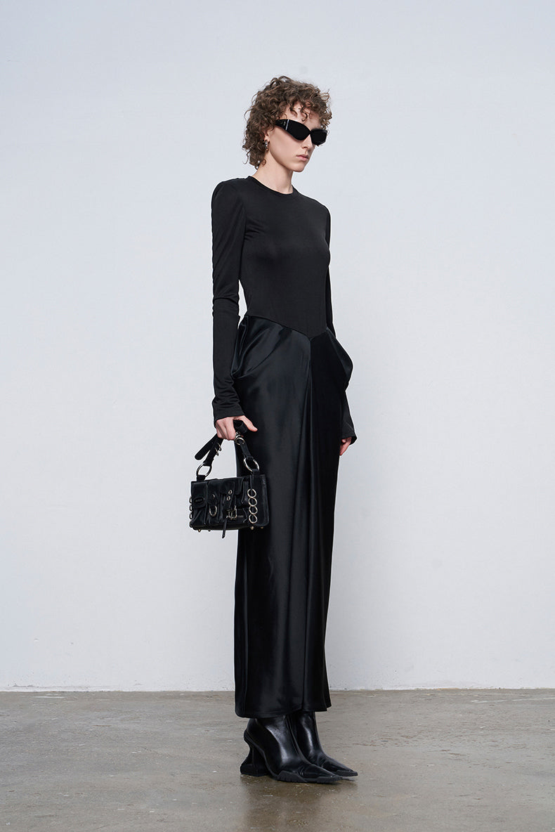 ANNAKIKI designer black acetate panel slim long-sleeved dress-JASMINE