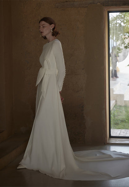 GOUDIN white trailing long-sleeved backless ceremony dress - SEA.