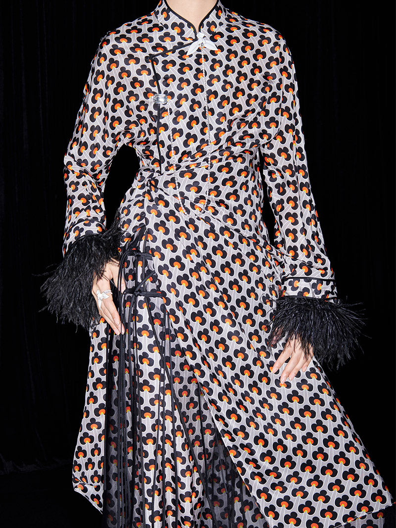 M essential Mackay designer ostrich feather trim dress mesh skirt kaftan dress top set - raj.