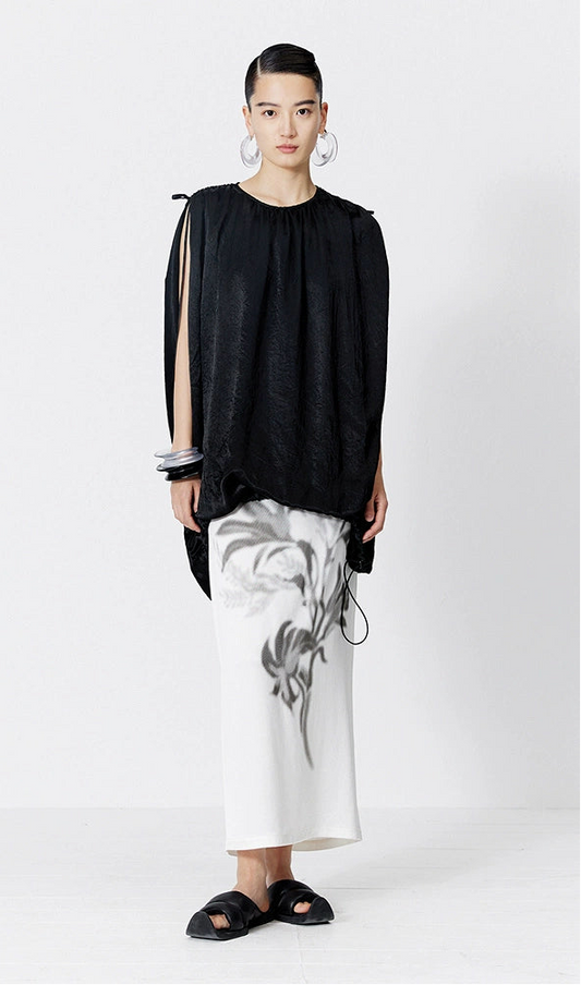 ZHUCHONGYUN Black Fiber Satin Adjustable Lace-up Loose Top--UNAKA.